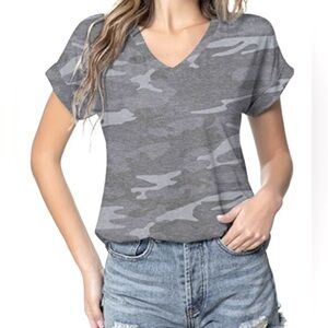 Lainab Women’s Top V/Neck Side Splits Cuffed Sleeves Blue/Gray Camo Size-S NWT